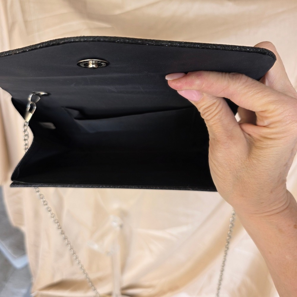 Black Iridescent Rhinestone Evening Clutch Bag with Silver Chain Strap Formal - Picture 3 of 10